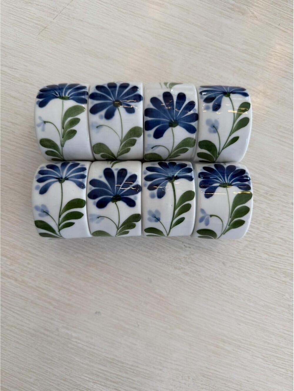 Dansk Sage Song Napkin Rings White W/Blue & Green  Set Of 8 Rare Set